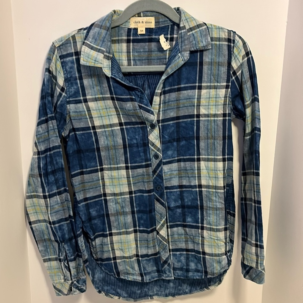 CLOTH & STONE BLUE WITH YELLOW STRIPE PLAID LONG SLEEVE BUTTONDOWN SHIRT SIZE XS